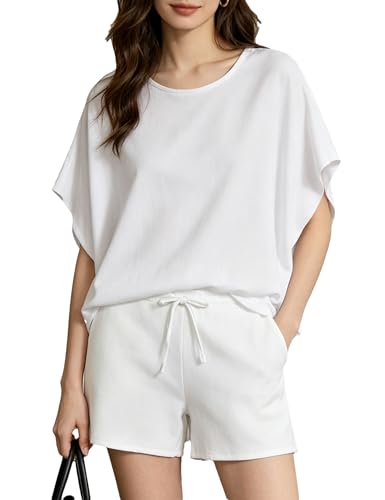 Image of Bozanly Womens Loungewear Set Short Sleeve Top and Shorts Oversized 2 Piece Outfits Solid Color /Striped Matching Pajama Sets