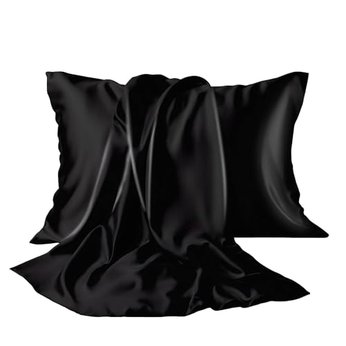 Brezoo Satin Pillowcase, Softer Than Silk Pillow Cases 2 Pack, Satin Pillowcases with Zipper, Cooling Pillow Cases King Size Set of 2, Gift for Women Men, Black