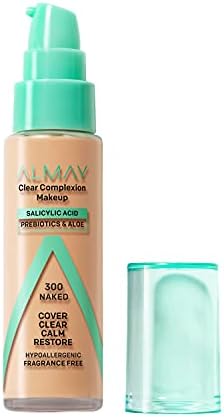 Almay Clear Complexion Acne Foundation Makeup with Salicylic Acid, Medium Coverage, Soft Matte Finish, Hypoallergenic, Cruelty- & Fragrance-Free, Dermatologist Tested, 300 Naked, 1 fl oz