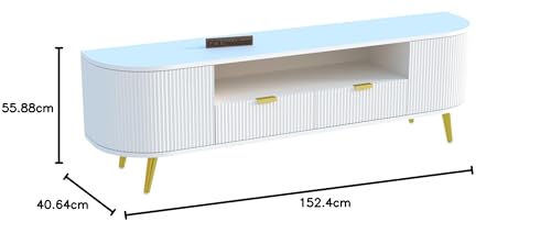 Image of Wooden TV Unit for Living Room | Free Standing Modern White TV Stand 60 x 16 x 22 Inches | TV Cabinet & Console for 55-60 Inch TV with 2 Drawers & 5 Shelves | HDMR Wood & Iron Legs