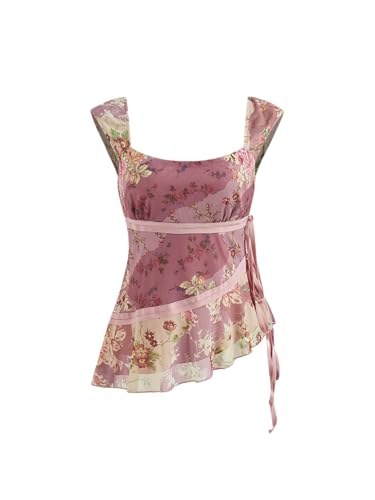CIDER Tank Tops Floral Mesh Top Ruffle Trim Asymmetrical Knotted U Neck Sleeveless Casual Going Out Top