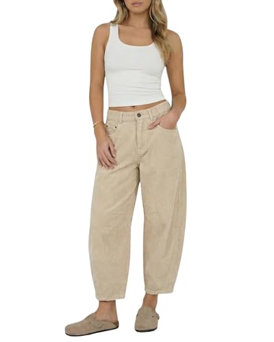 OctMoon Women’s Corduroy Barrel Pants Mid-Rise Elastic Waist Corduroy Pants Wide Leg Trousers...