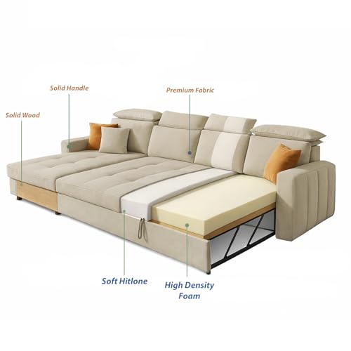 Image of Casaliving Gagnon LHS 6 Seater L Shape Corner Sofa Cum Bed for Living Room (Cream Fabric) Premium Fabric Sofa