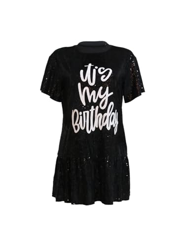 KIRJAUDU Women Sparkly Sequin Mini Dress Crewneck Bling Letter Print Half Sleeve Loose Mini Dress Clubwear3