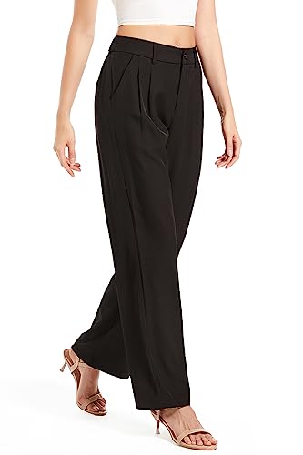 Women's Casual Straight Trousers High Waisted Button Work Office Dress Pants with Pockets (Black,Small Short)4