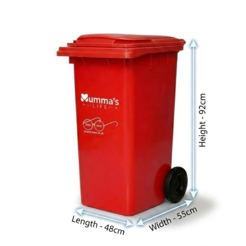 Image of Mumma's LIFE 120L Big Dustbin Extra Large Size | Plastic Manual-Lift Wheel Garbage Big Dustbin | Heavy Duty HDPE Waste Bin with Lid & Wheels | For Indoor & Outdoor Use (Red)