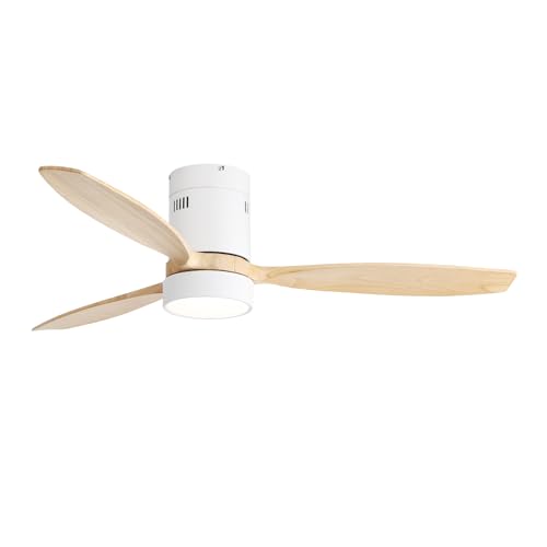 Ventilador de techo Pangshiyuan 132cm con luz LED, 3 aspas de madera maciza, motor DC silencioso, marcha atrás, mando a distancia, para sala de estar, dormitorio, blanco