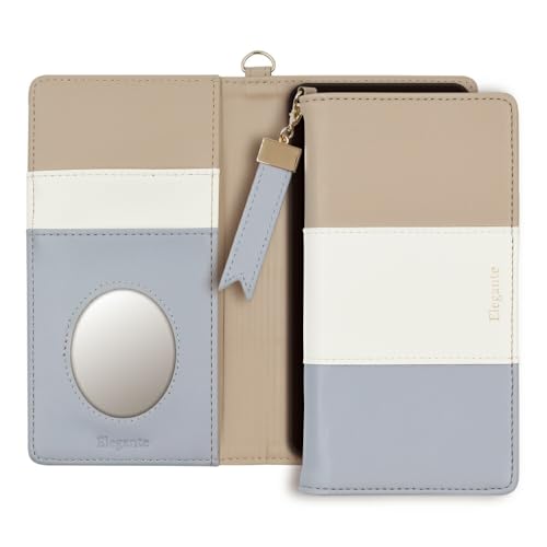 Elegante公式 Tricolor iPhone 14 用 ケース 手帳型 スマホケース 携帯ケース トリコロール リボンチャーム カード 収納 ポケット ミラー マグネット スマホ 携帯 アイフォン用 ミルキーブルー [L]A123