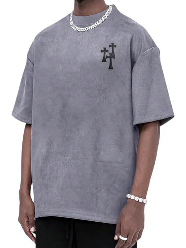 BEAUDRM Men's Grunge Tops Round Neck Drop Shoulder Graphic Tees Vintage Distressed Pullover Oversized T Shirt Grey Large