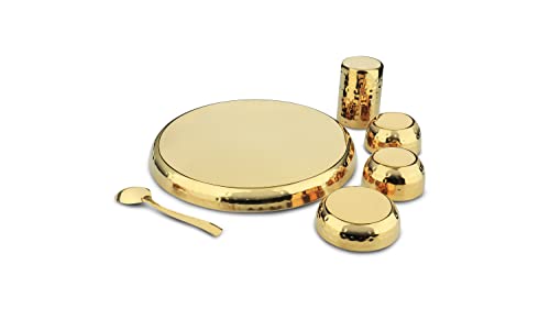 Image of Silverglow Aurum PVD Gold Plated Stainless Steel Dinner Set (6 Pcs) | Hammered Luxury Thali Set with Plate, Glass, Bowls & Spoon | Premium Dining Set | Wedding, Diwali, Pooja, Housewarming Gift Set