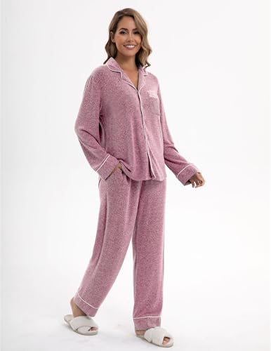 Image of UMBY Women's Silk Satin Pajama Sets, 2 Piece Silky Pjs Sets for Women, Soft Pajama Set with Long Sleeve Top and Pants Light Pink