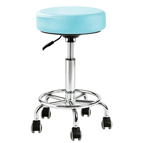 Image of Rolling Stool with Wheels - 500lbs,Thick 9.5cm Cushion, Height Adjustable | PU leather|Swivel silent rubber casters|Foot pedal ring|space-saving|For Drafting salon tattoo clinic garage home office