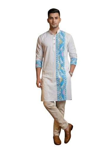 Image of Men's Jamdani Printed Kurta Pajama Set | Pure Cotton Ethnic Kurta with Mandarin Collar & Dupion Silk Pyjama | Festive & Weddings 303A12A 303SB12B(M XXL)