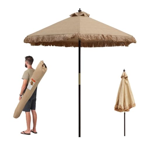KXWOQ3ED Paraguas de Paja Portátil para Patio con Flecos, 210 cm Parasol Hawaiano Tiki para Exteriores, Parasol de Madera para Playa con Bolsa de Transporte