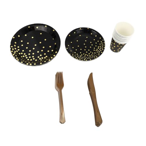 CHICAMPERA 25セット 金色と黒の使い捨て紙皿 カップ プラスチックフォーク ナイフ点入り パーティー向け耐久性と実用性のある装飾用食器 誕生