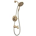 Delta Arvo 14 Series Brushed Gold Bathtub Shower Faucet Set with In2ition 2-in-1 Dual Shower Head with Handheld Spray Combo, Valve Trim Kit, Champagne Bronze 144840-CZ-I (Valve Included)