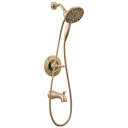 Delta Arvo 14 Series Brushed Gold Bathtub Shower Faucet Set with In2ition 2-in-1 Dual Shower Head with Handheld Spray Combo, Valve Trim Kit, Champagne Bronze 144840-CZ-I (Valve Included)