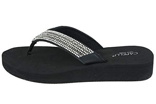 Capelli New York Ladies Fashion Wedge Flip Flop With Rhinestone Trim, Black, Size 11 #TOP2