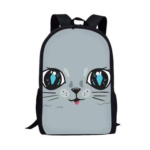 Cartoon Big Cat Print Backpack for Girls Lightweight Casual Large Capacity 17 Inch School Bookbag for Middle High School Custom Adjustable Strap Kids Backpack with Two Bottle Side for Travel Work