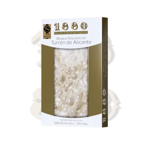 1880 - Bloque Artesano de Turrón de Alicante, Ingredientes Nobles, Textura Cremosa, Calidad Suprema, Denominación de Origen, Receta del Siglo XV, Turrón Tradicional Sin Gluten, Almendra, 220g