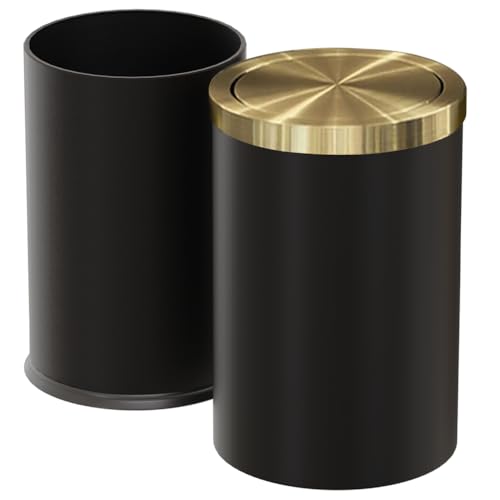 Image of Brushed Brass Garbage can,Bathroom Trash can with lid,Modern Small Trash Can with Flipping Lid, 9 L,Garbage cans for Bathroom, Kitchen,Bedroom, Metallic Gold (Black(Double))