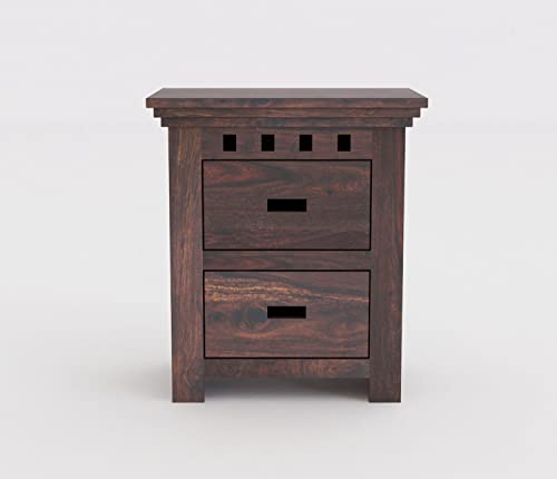 Image of WOODLAB Solid Sheesham Wood Bedside End Table with 2 Drawer Storage for Bedroom Wooden Nightstand Table Home Office (Kuber Walnut Finish)
