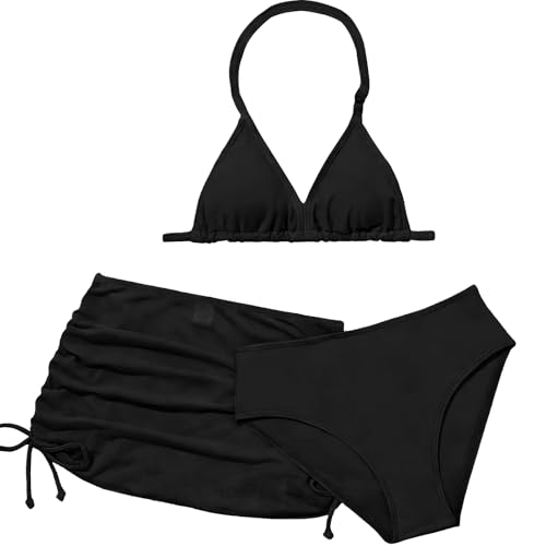 InfiniZer Bikini Mädchen Dreiteiliges Set mit Schleifenschürze Atmungsaktiv und Bequem Bikini Teenager Mädchen Bikini Kinder (DE/NL/SE/PL Alter 14 Jahre Schwarz)