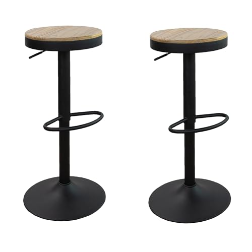 Vaukura Taburetes Cocina, Juego de 2 Taburetes de Bar Giratorios con Reposapiés, Altura Ajustable, Asiento de Madera, Base Metalica, Griratorios 360º, Pistón de Gas (Negro) (Pack 2)