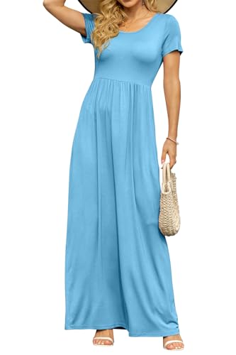 Image of DB MOON Womens 2026 Summer Maxi Dresses Casual Short Sleeve Empire Waist Spring Long Dress with Pockets