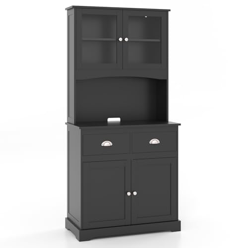 GiantexUK 170cm Tall Kitchen Cupboard, Wooden Pantry Storage Cabinet with Adjustable Shelves, 2 Drawers & Cable Hole, 4-Door Buffet Display Sideboard for Kitchen Dining Living Room (Black)
