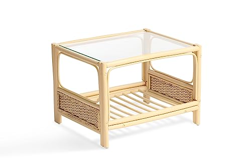 Desser Chelsea Coffee Table with Storage Shelf – Glass Top Table with Natural Wicker Rattan Cane Frame – Luxury Indoor Conservatory or Living Room Furniture - H49cm x W68cm x D53cm