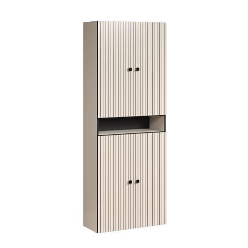 trendteam smart living - PureBliss - Hochschrank breit - Kashmir Hellgrau - Rillenoptik - 1 offenes Fach + 4 Einlegeböden - (BxHxT) 70 x 186 x 31cm - Badschrank mit edlen Metallgriffen