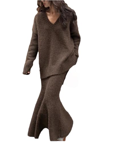 Women's Sweater Set Women's Autumn Winter Fashion V-Neck Pullover Sweater Tops +Half Skirt Two-Piece Set