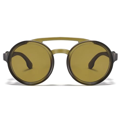 Retro Round Steampunk Polarized Sunglasses with Leather Side Shield Vintage Goggles Gothic Eyewear for Men Women