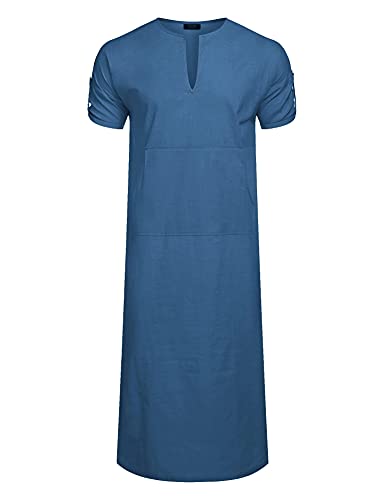 Coofandy Men's V-Neck Linen Robe Short Sleeve Kaftan Thobe Long Gown Casual Shirt For Beach, Summer Blue #TOP3