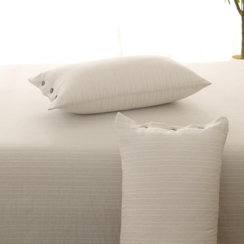 Image of Story@Home Linen King Size Bedsheet Cotton Textured Flat Sheet with 2 Pillow Covers Super Soft Bed Sheet for King Size Bed | 300 TC Striped Pattern | 250 x 270 cm | Ivory