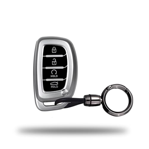 Image of SIAGO TPU Key Cover and Round Keychain Compatible for Hyundai Alcazar and Creta 2021 2022 & 2023 Car 4 Button Smart Key Grey