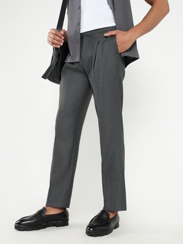 Image of SHOWOFFFF Men Solid Formal Trousers | Viscose Rayon Trouser for Mens | Low-Rise Loose Fit Cropped Trousers for Men's