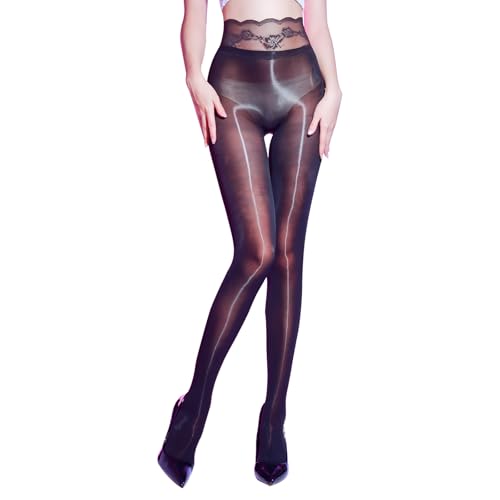 Women's Oily Shiny Pantyhose Seamless Sheer Tights 8 Denier High Waist Lace Gloss Stockings