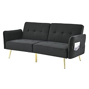 Eafurn 775 w convertible futon sofa bed button tufted loveseat couch with adjustable armrests golden metal legs for living room bedroom velvet sofa couches  urban country home decor