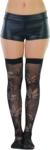 Image of ToBeInStyle Women's Thigh High Stockings Bodystocking Tights Medicinal Cannabis Marijuana Weed Leaf Print Festival Hosiery