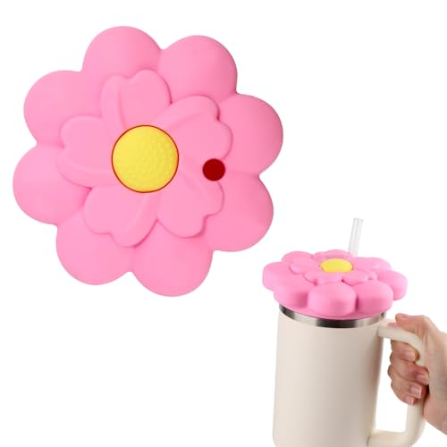 PEUTIER Lid Dust Cover for Stanley Cup 40 Oz Quencher H1.0/2.0, Flower Shape Silicone Lid Covers Toppers Lid Case Dustproof Cup Accessories for Stanley 40 Oz Tumbler(Pink)
