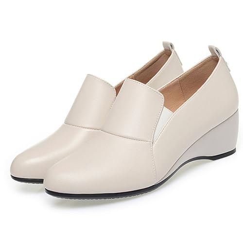 Image of Women's Leather Wedge Round Toe Dressy Shoes Comfortable Soft Leather Platform Slip On Casual Loafers Suitable for Driving Business Work Walking