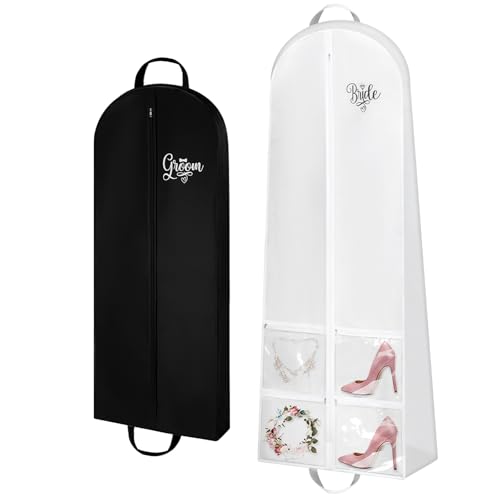SilTriangle 2 Pcs Wedding Dress Garment Bags 72” and 54" Wedding Garment Bags Set for Travel Printed with Bride Groom Black and White Dress Bag by SilTriangle - Used condition - US$24.69