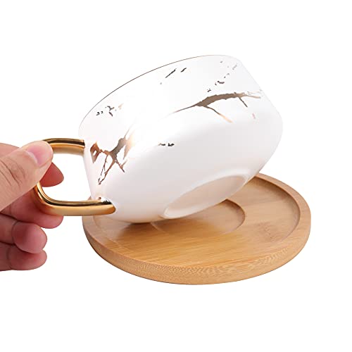 Peohud 2 Pack Ceramic Tea Cup and Saucer Sets, 300ml Marble Flat Cappuccino Mugs, Porcelain Coffee Mug with Spoon and Bamboo Saucer, Marble Espresso Cups for Latte, Americano, White and Black - Image 4