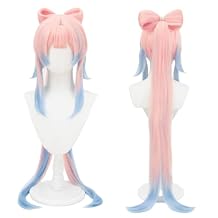 Anime Pink Mixed Blue Wigs with Bangs Long Straight Hair with Ponytail Pre-made Bows Game Character Cosplay Wig Halloween,Christmas,Comic con,Game Show