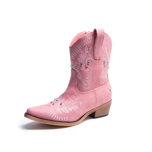 Image of Cusolemore Cowboy Boots for Women, Cowgirl Boots with Sparkly Embroidered Rhinestones, Short Western Ankle Boots for Women with Side Zipper Pull On
