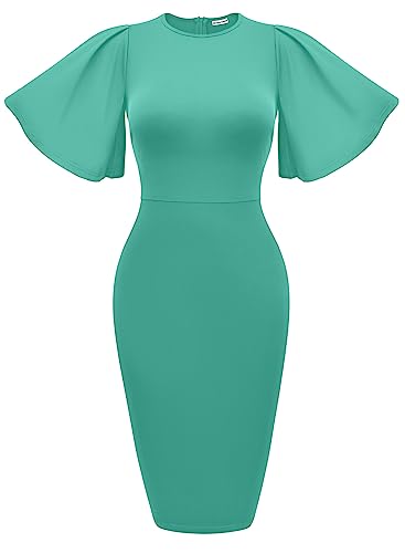 Image of Memoriesea Women's Basic Bodycon Ruffle Flared Short Sleeve Pencil Midi Dress