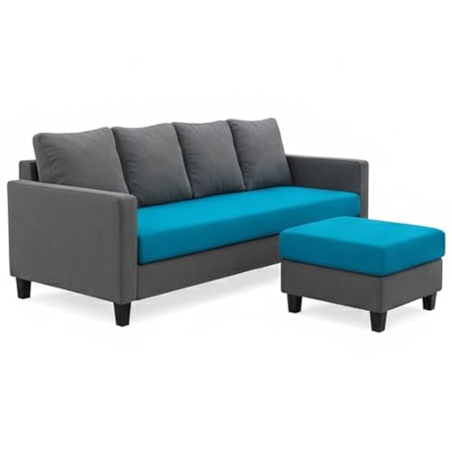 Image of Furny Auray 4 Seater Fabric Sofa Set with Ottoman (Aqua Blue-Dark Grey)