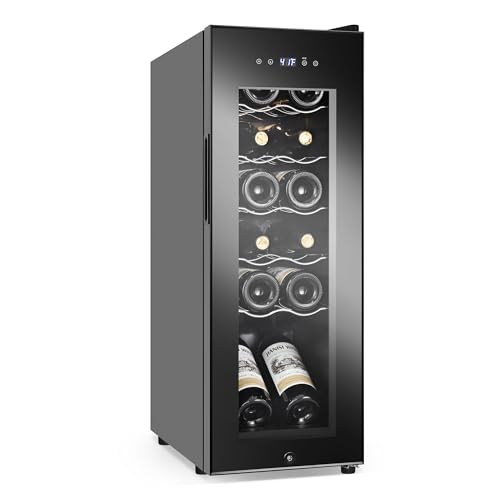 Wine Cooler Refrigerator 12 Bottles, Small Wine Fridge Mini Wine Fridge Countertop with Glass Door Wine Cellars for Red Wine, Champagne, Dry White Wine, Sparkling Wines